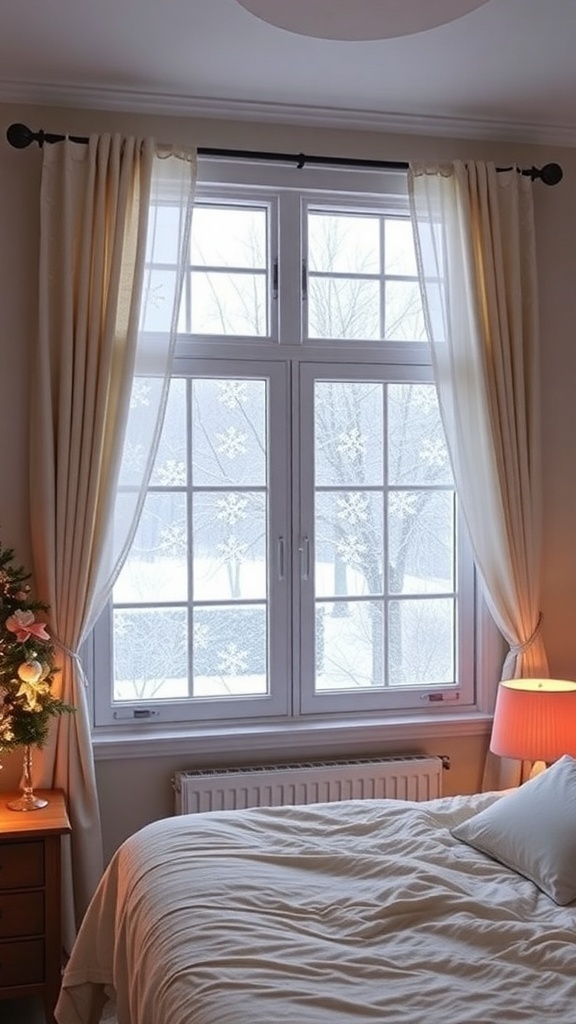 Cozy bedroom with snowy window treatments and festive decor.