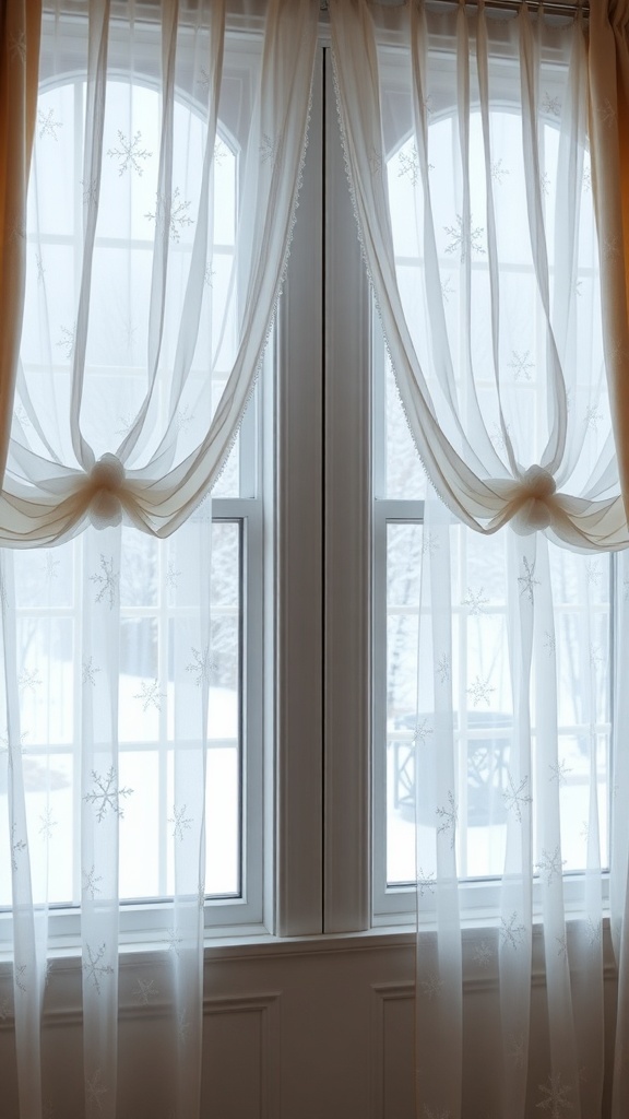 Sheer curtains with snowflake patterns hanging in a window