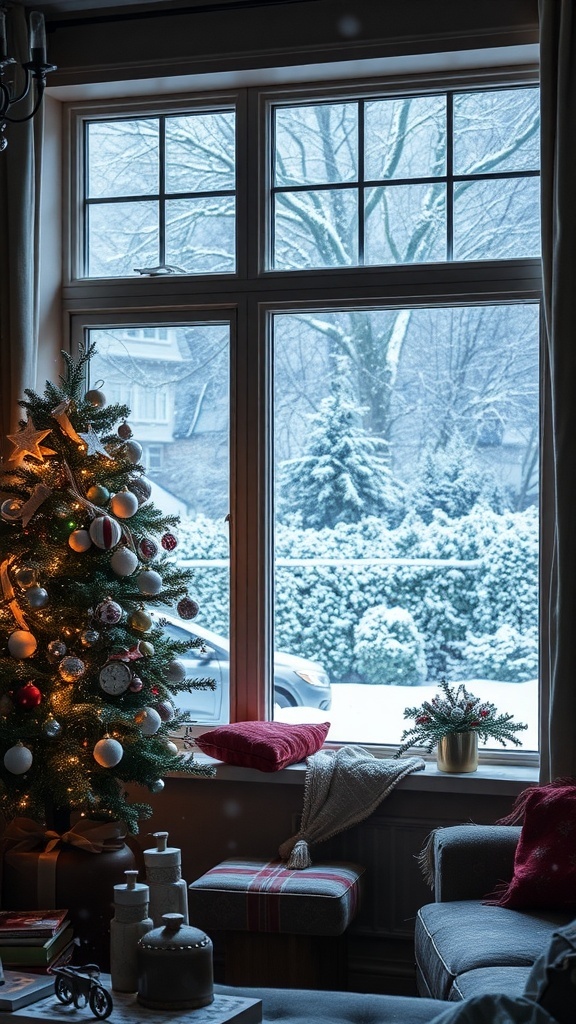 A cozy living room with a Christmas tree, looking out at a snowy landscape through large windows.