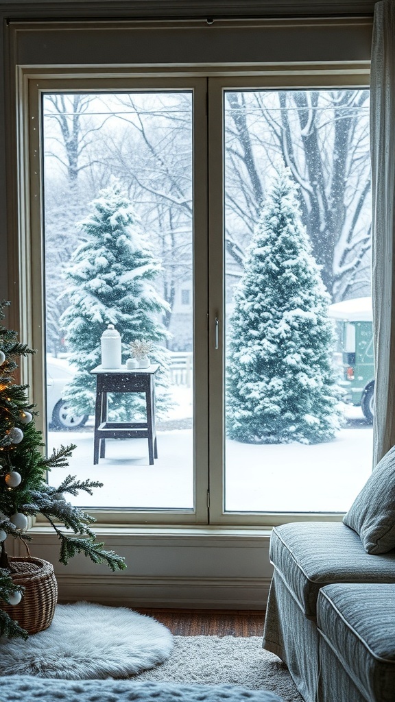 A snowy view outside a living room window with decorated trees.