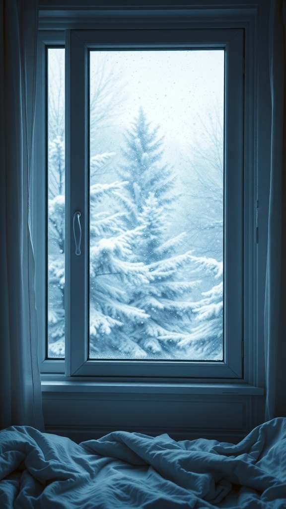 A snowy view from a window with snow-covered trees outside.