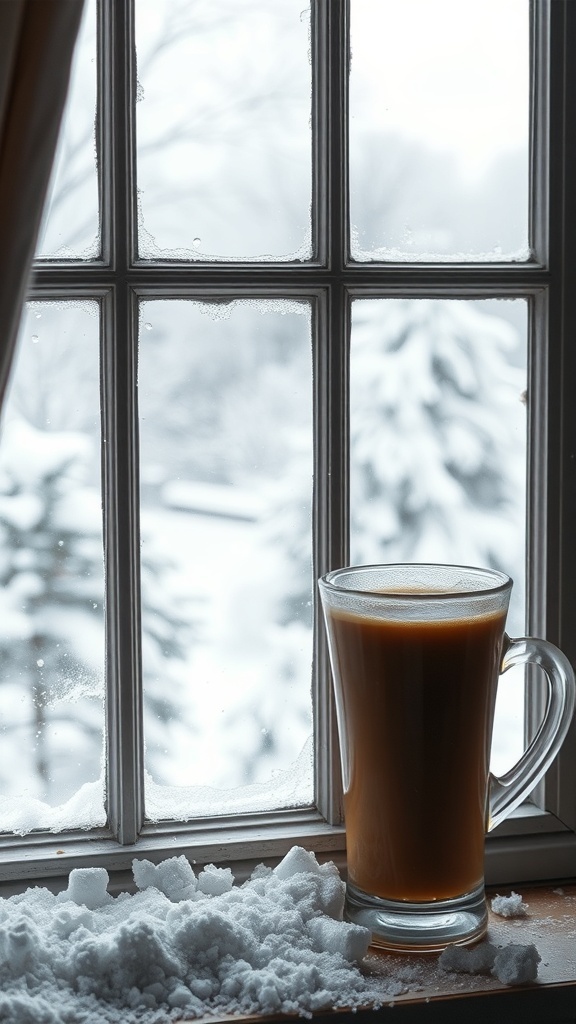A cozy winter scene with a snowy window view and a warm drink.