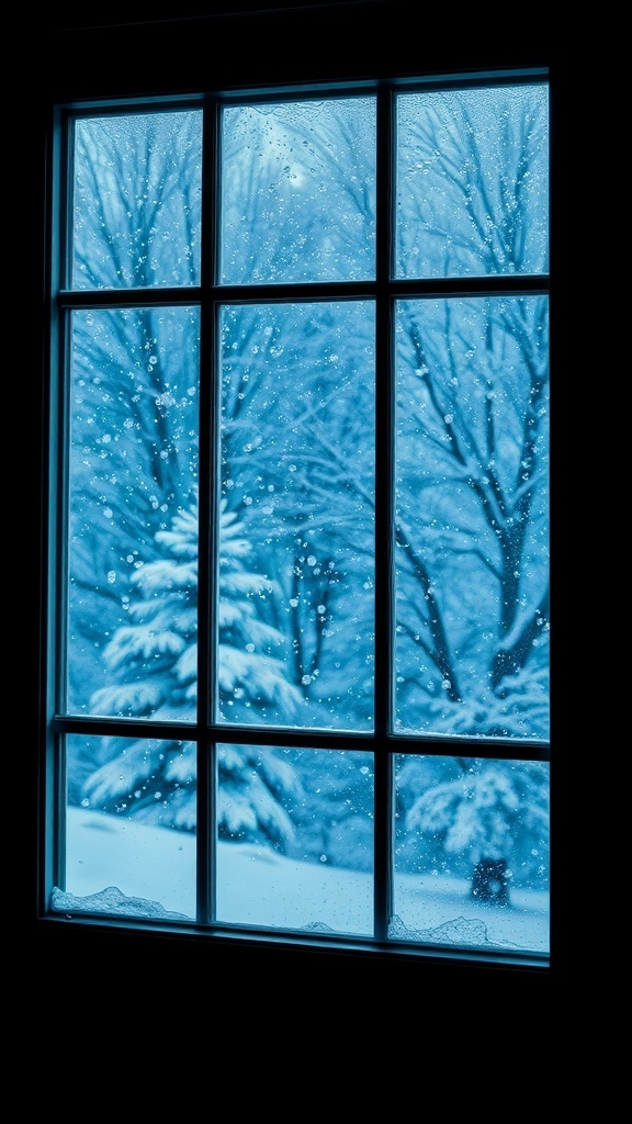 A snowy view from a window with frost on the glass.