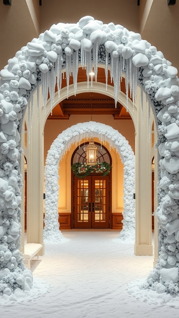 Indoor archway decorated with snowy white accents and icicles, creating a winter wonderland effect.