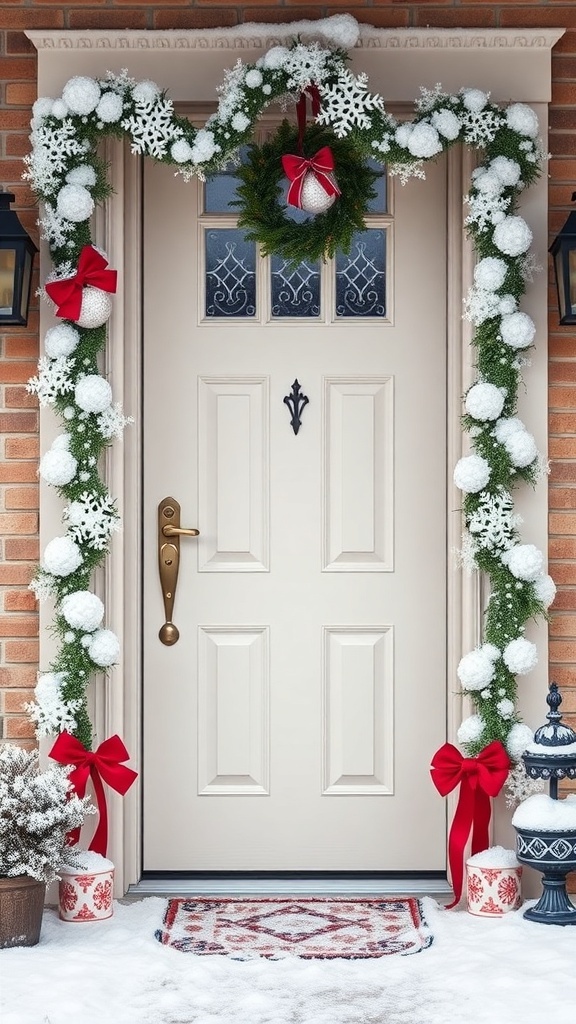 Christmas door decoration featuring a snowy theme with white pom-poms, snowflakes, and red bows.