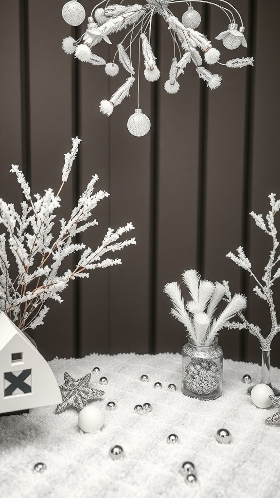 A snowy winter wonderland themed table decor with white and silver elements.