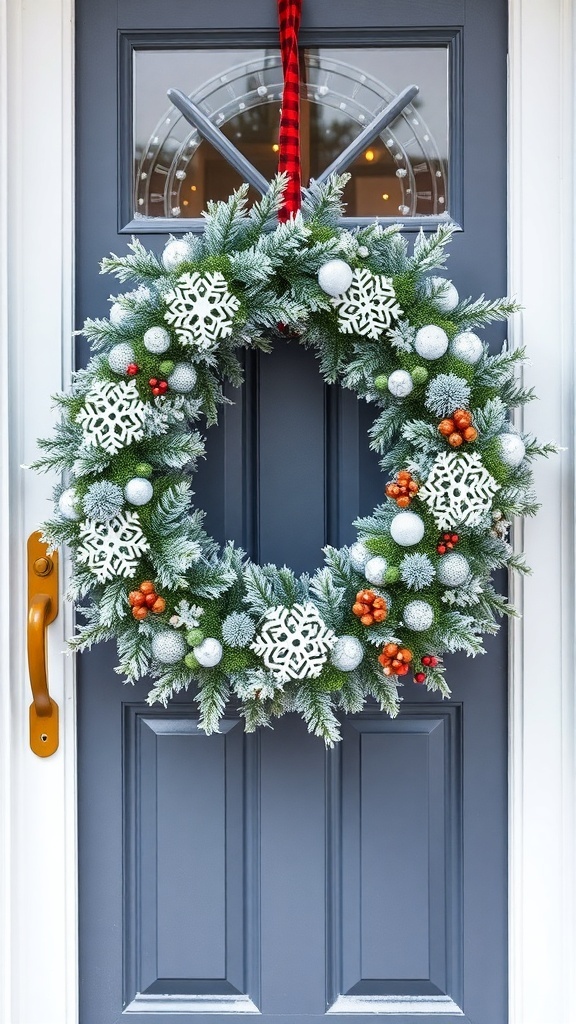 A snowy winter wonderland wreath with snowflakes and ornaments on a front door