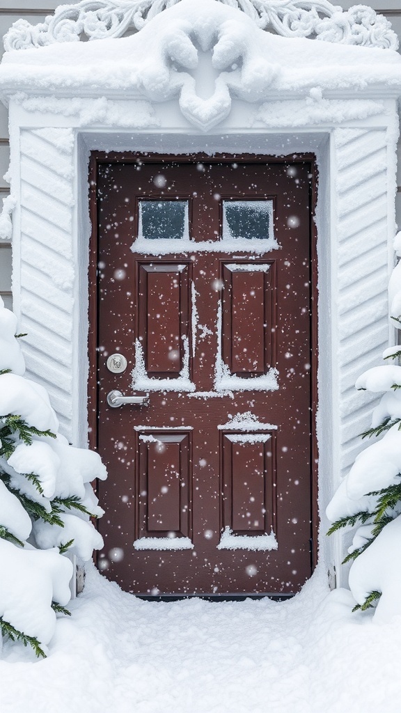A beautifully snow-covered front door with intricate detailing and snow-laden bushes on either side.