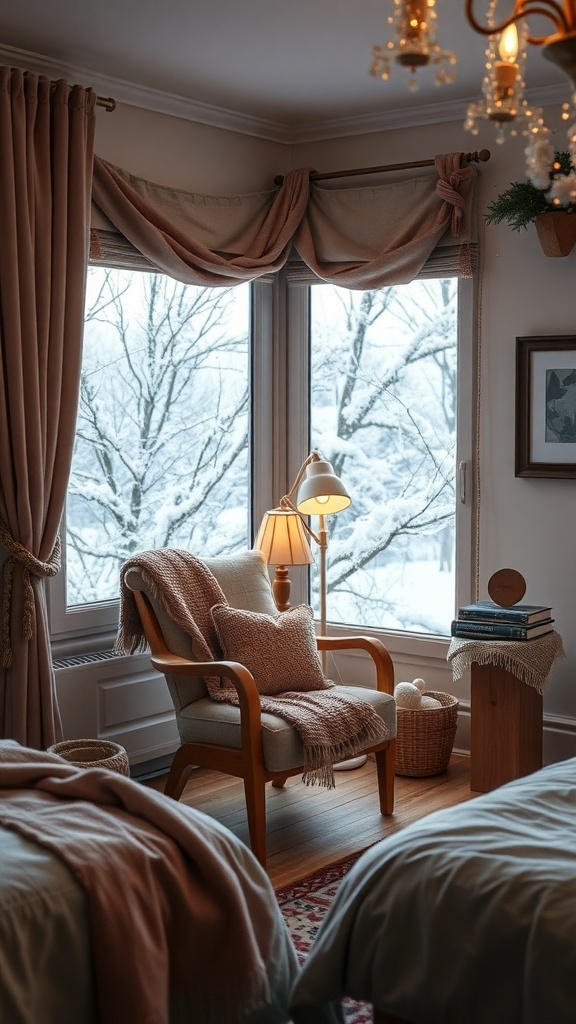 A cozy reading nook with a chair, blanket, and lamp by a snowy window.