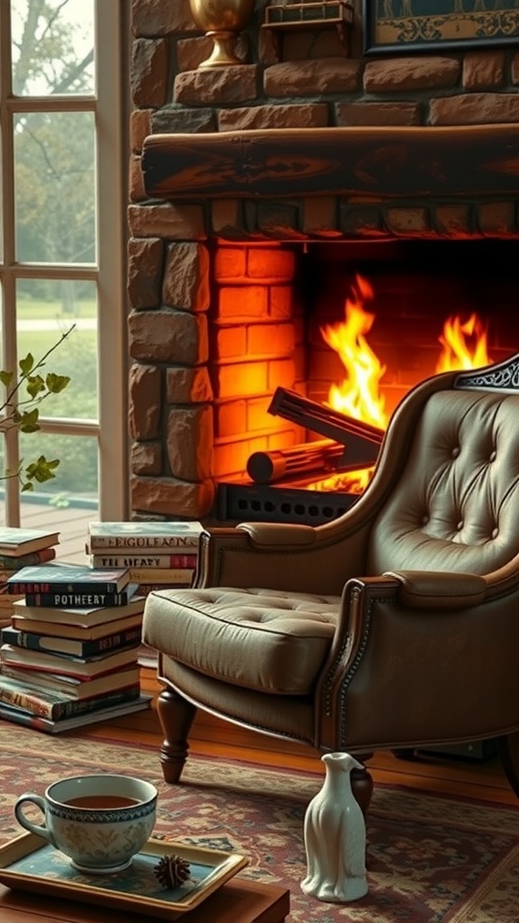 Cozy fireplace scene with a leather chair, books, and a cup of coffee.