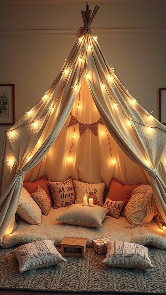 A cozy blanket fort decorated with fairy lights, pillows, and candles.