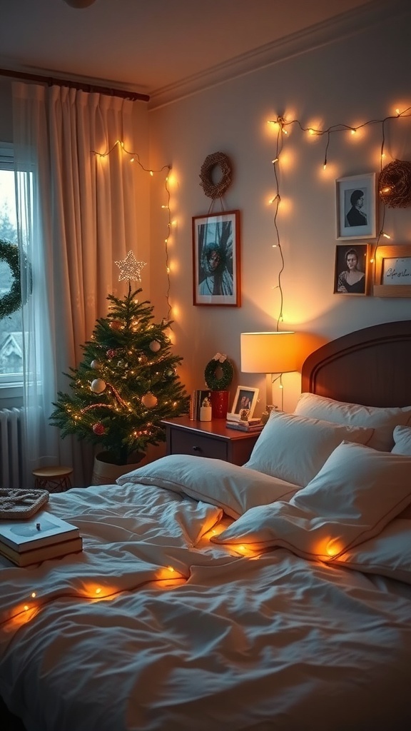 A cozy Christmas bedroom with soft lighting, a decorated tree, and a warm bed.