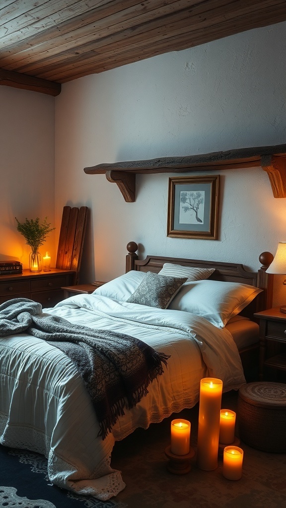 A rustic bedroom with soft ambient lighting from candles and lamps.