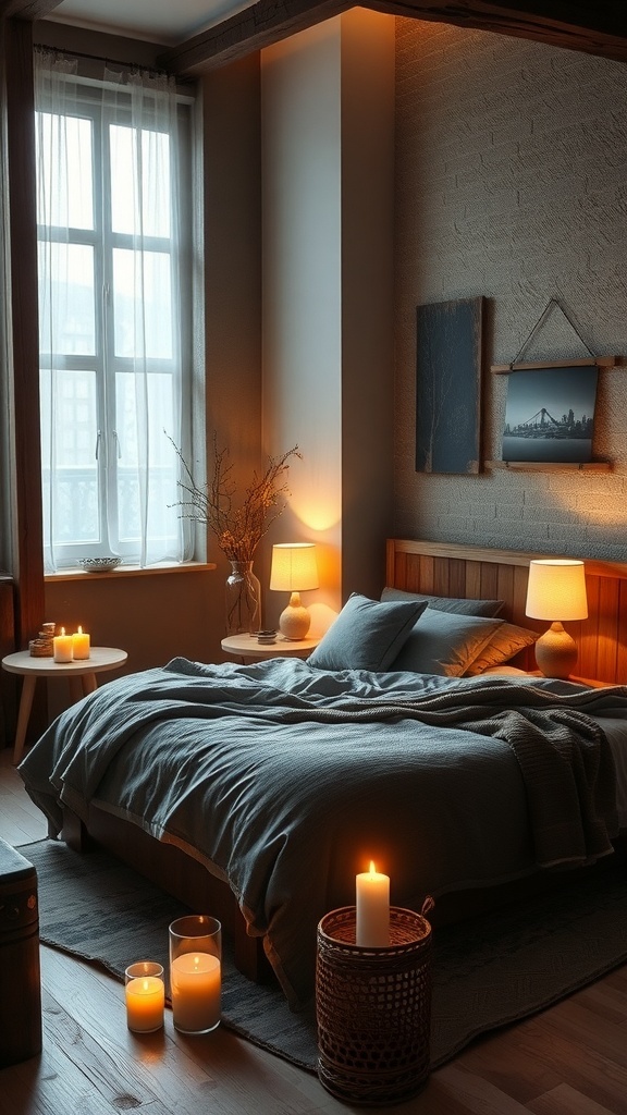 A cozy modern rustic bedroom with soft ambient lighting from lamps and candles.