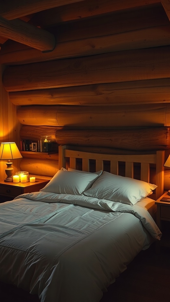 Cozy rustic bedroom with soft ambient lighting from lamps and candles.