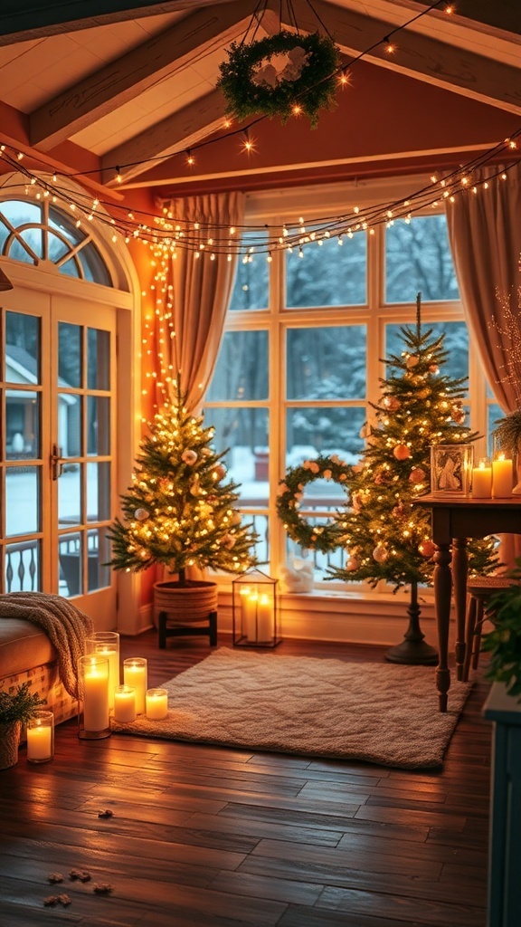 A cozy winter room with soft ambient lighting, featuring string lights, candles, and decorated Christmas trees.