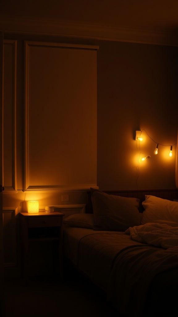 A dimly lit bedroom with warm lights creating a cozy atmosphere.