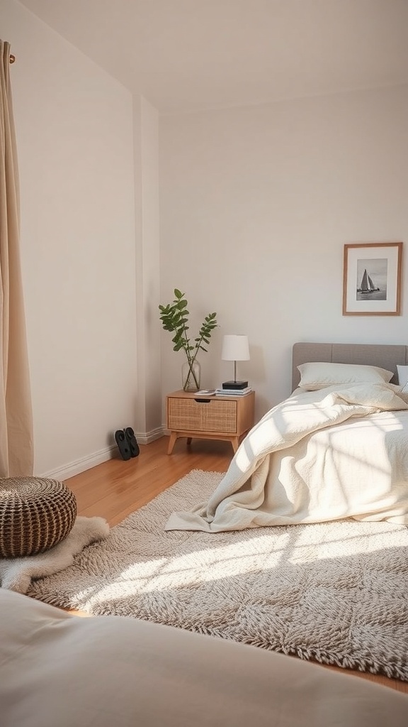 A calming bedroom with a soft area rug, neutral bedding, and natural light.