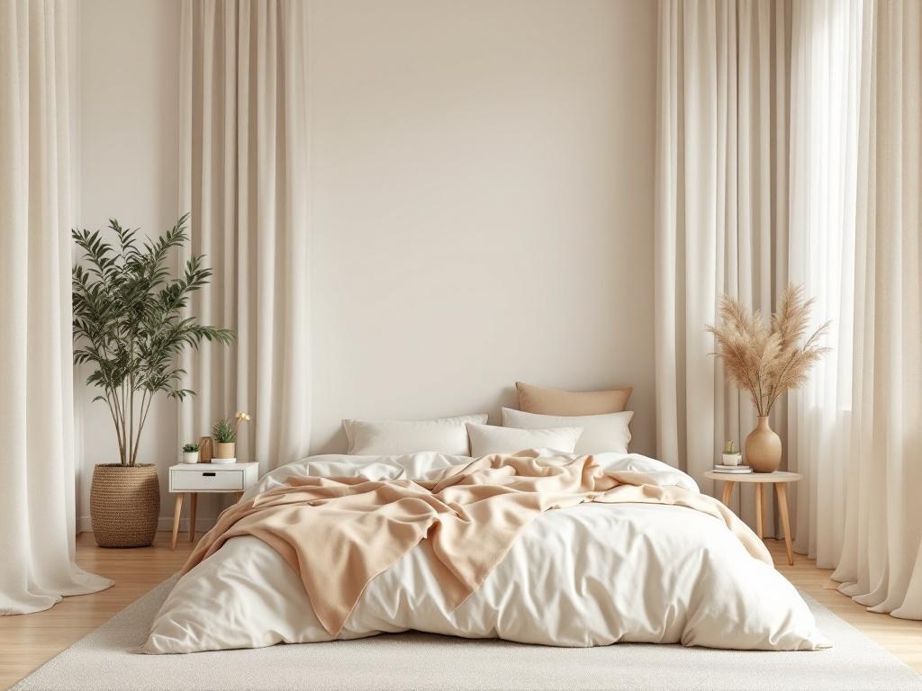 A cozy bedroom with soft beige and cream tones, featuring a large bed with a beige throw, light curtains, and a green plant.