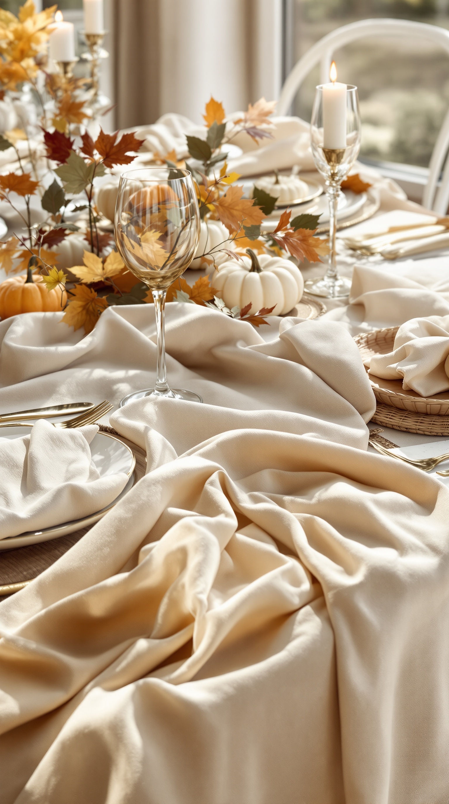 Soft beige table linens draped elegantly over a table