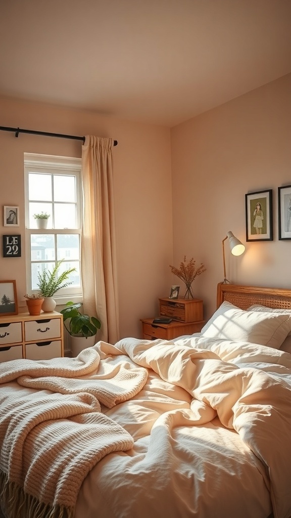 A cozy teen girl's bedroom featuring soft beige tones, a neatly made bed with blankets, a potted plant, and warm natural light.