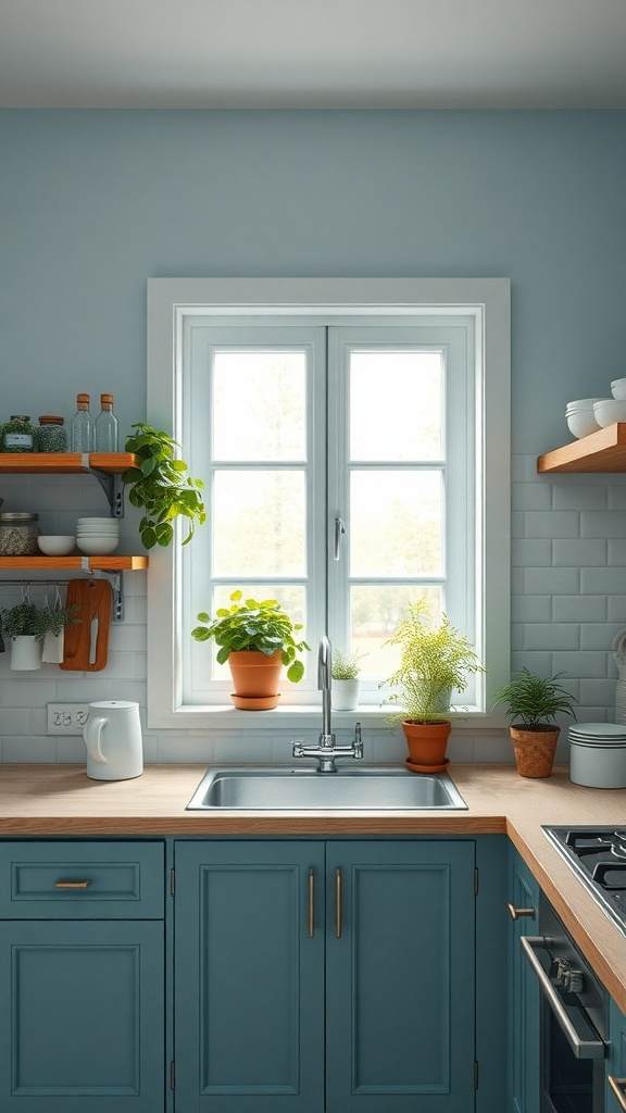 A serene kitchen with soft blue walls, wooden countertops, and plants on the windowsill.