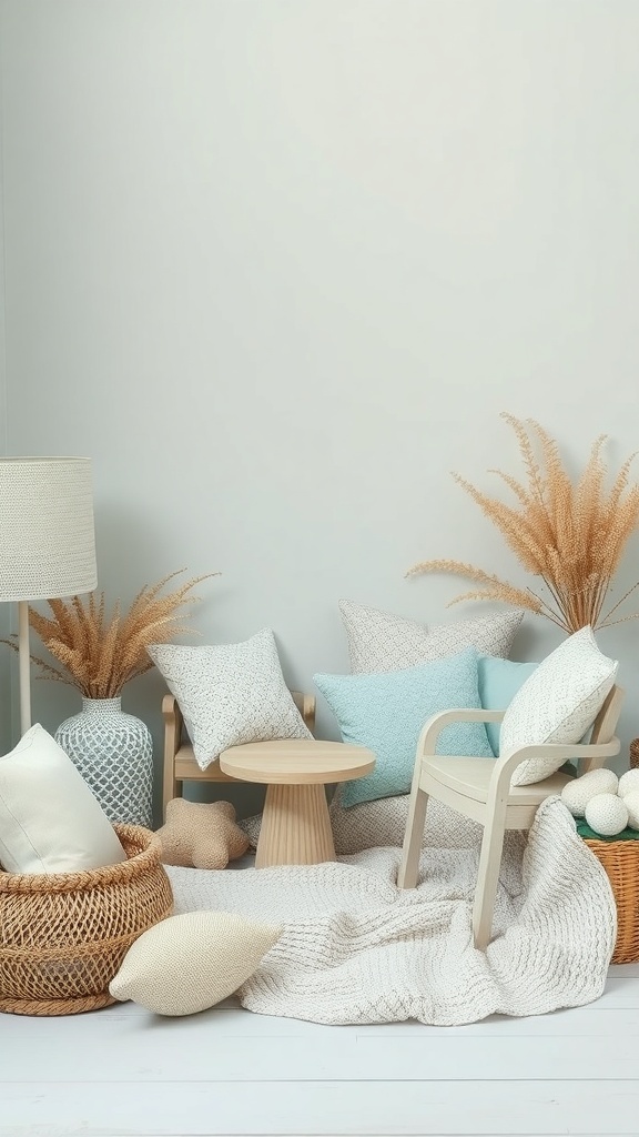 A cozy living space featuring soft blue and cream decor elements.