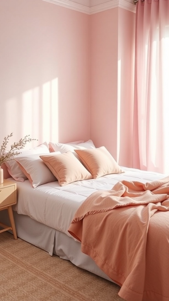 A cozy pink bedroom with soft blush walls, light bedding, and curtains.