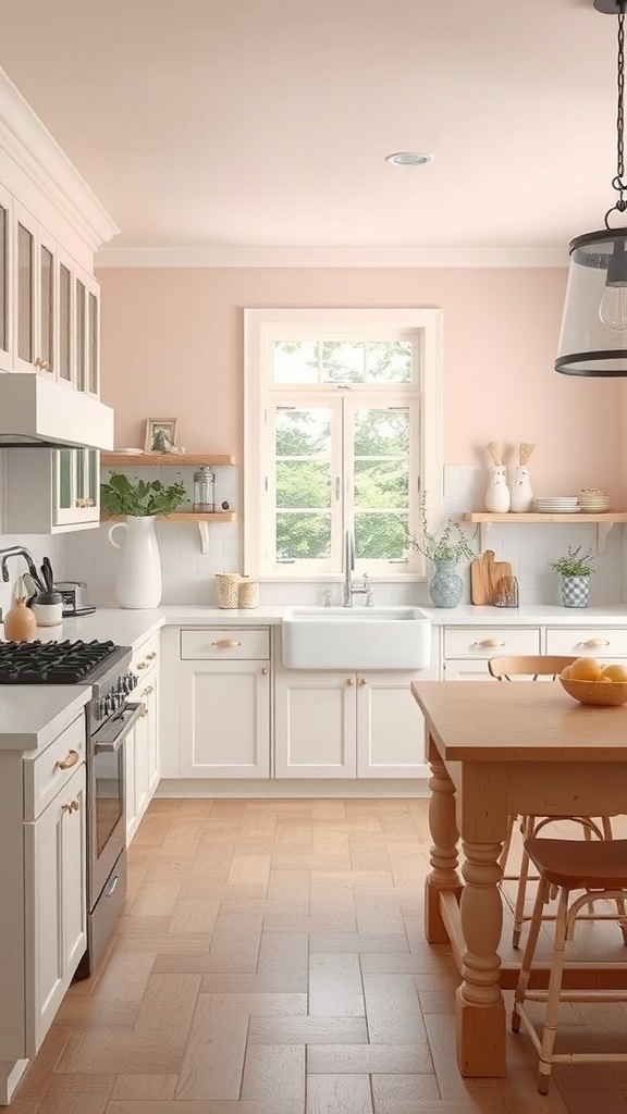 A farmhouse kitchen featuring soft blush walls, white cabinetry, and natural wood accents.