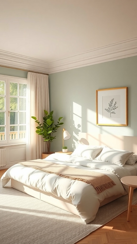 A cozy cottagecore bedroom featuring soft colors and natural light.