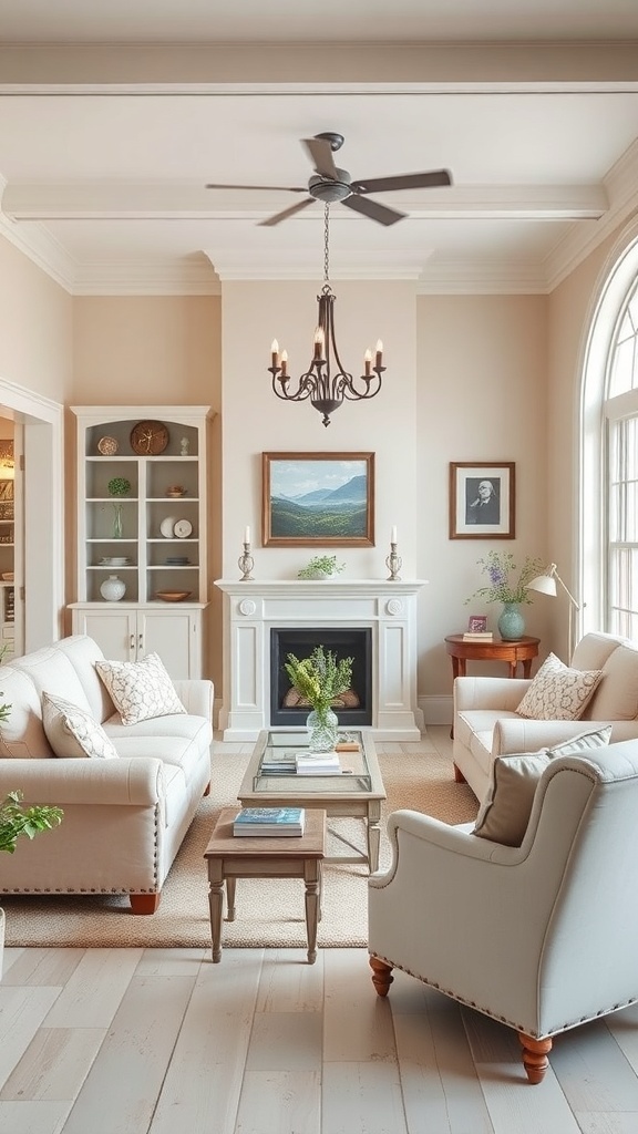 A vintage farmhouse living room featuring a soft color palette with pastel tones.
