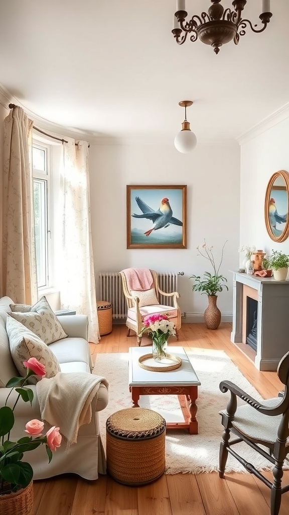 A cozy French cottage living room with soft color palettes, featuring a light sofa, floral decorations, and warm wooden accents.