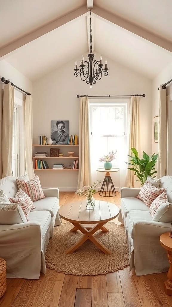 A cozy cottage living room with soft color palettes, featuring light cream walls, pastel accents, and natural textures.