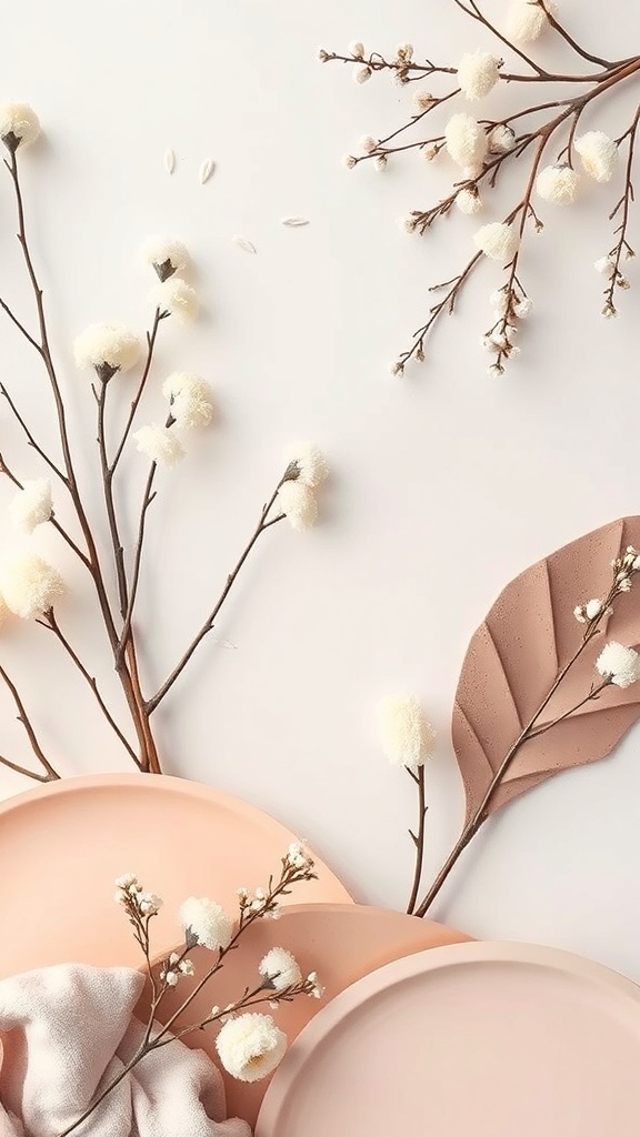 Soft color palette with pink plates and delicate branches.