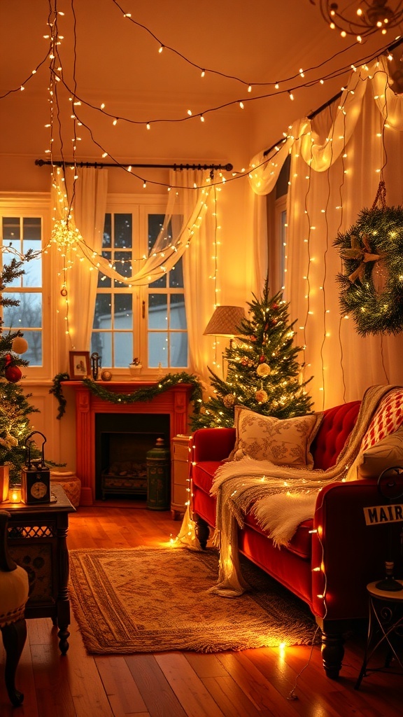 A cozy living room decorated with soft fairy lights, a red sofa, and Christmas trees.