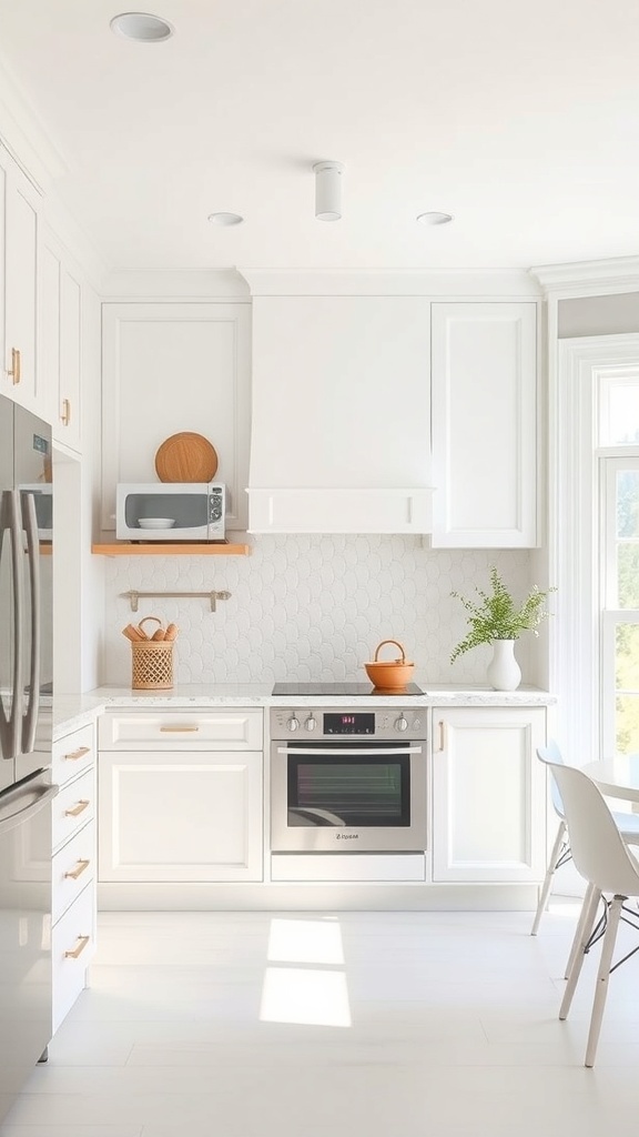 A modern kitchen featuring soft gray walls and bright white trim, with white cabinets and a stylish backsplash.