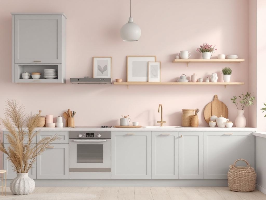 A soft gray kitchen with pastel pink walls and wooden shelves, featuring plants and decorative kitchenware.