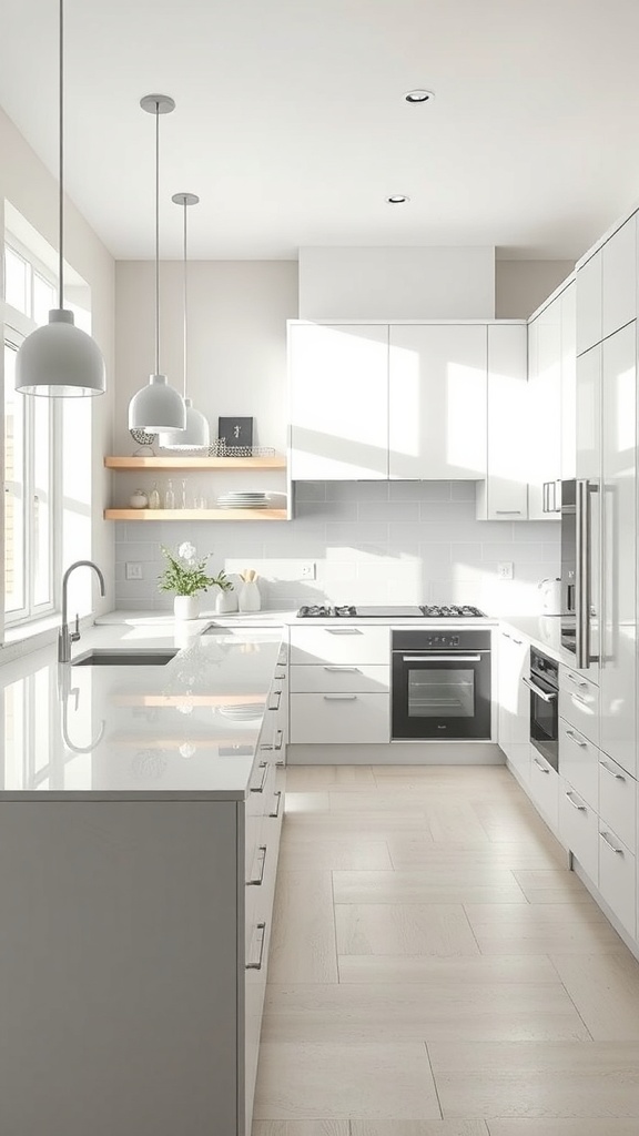 Modern kitchen with soft grey cabinets and bright lighting