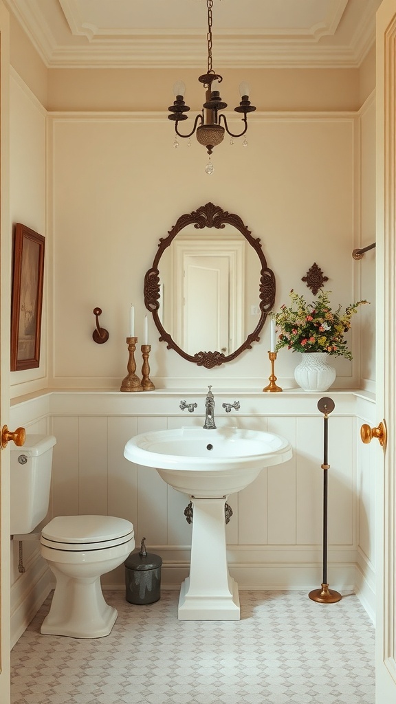 A cozy bathroom featuring soft ivory walls, elegant fixtures, and tasteful decor.