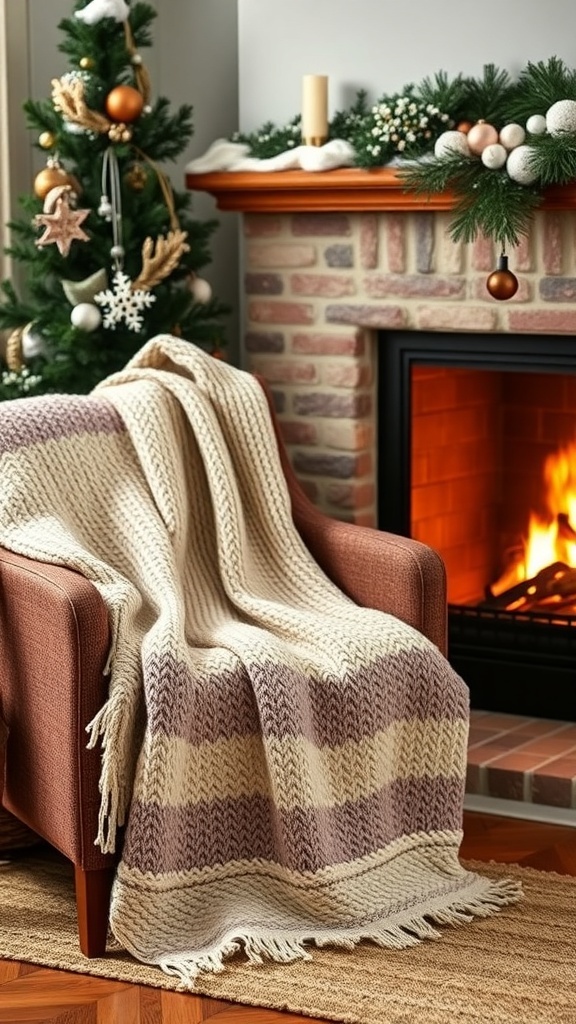 A cozy knit throw draped over a chair near a fireplace, with a decorated Christmas tree in the background.