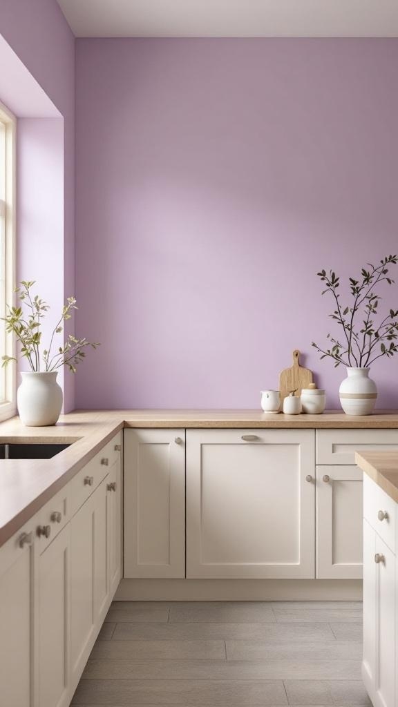 A kitchen with soft lavender walls and cream cabinetry, featuring a wooden countertop and decorative plants.