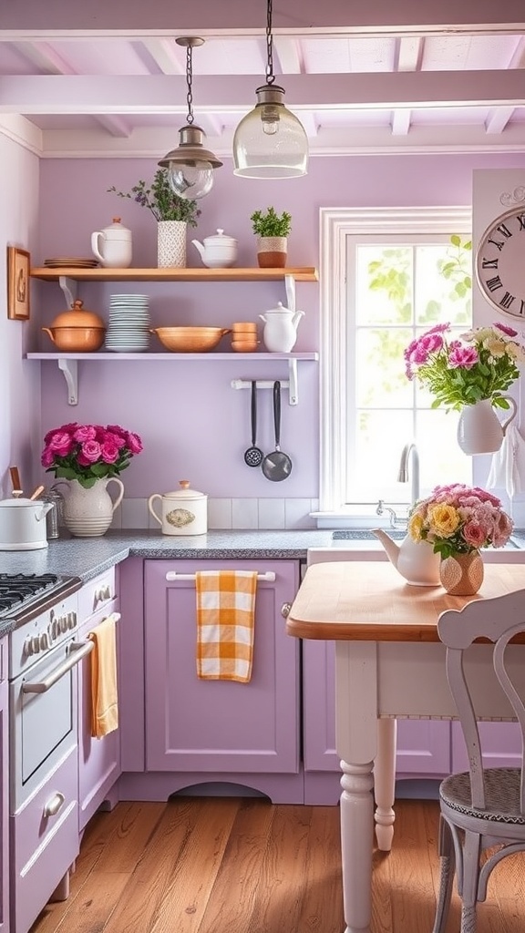 A cozy farmhouse kitchen with soft lavender walls and wooden accents.