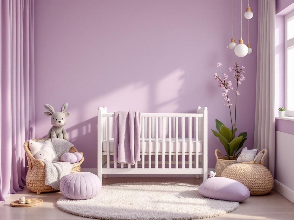 A nursery with lavender walls, a white crib, and soft decor elements.