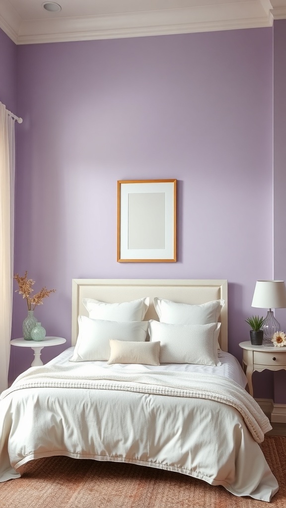 A bedroom with soft lavender walls and creamy white bedding.