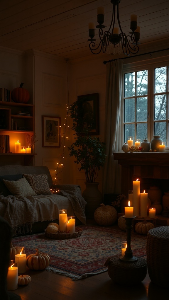 A cozy room with soft lighting, candles, and fall decorations.