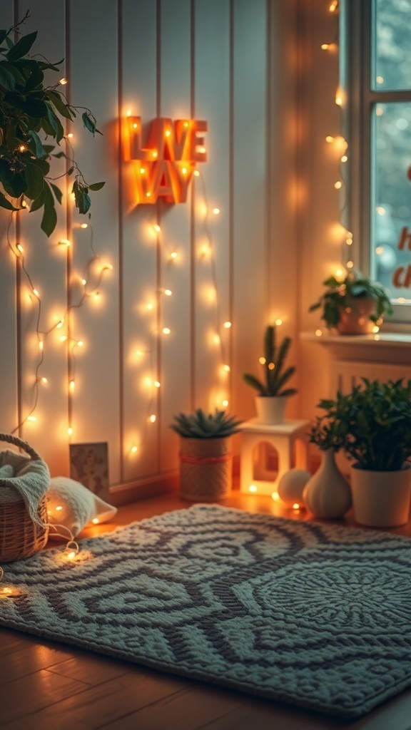 A cozy room with soft lighting and fairy lights, featuring plants and a patterned rug.