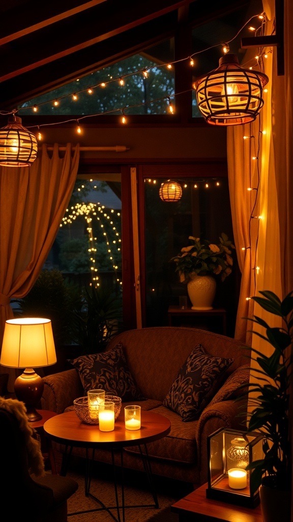 A cozy room with soft lighting from string lights and a chandelier, featuring plants and a view of trees outside.