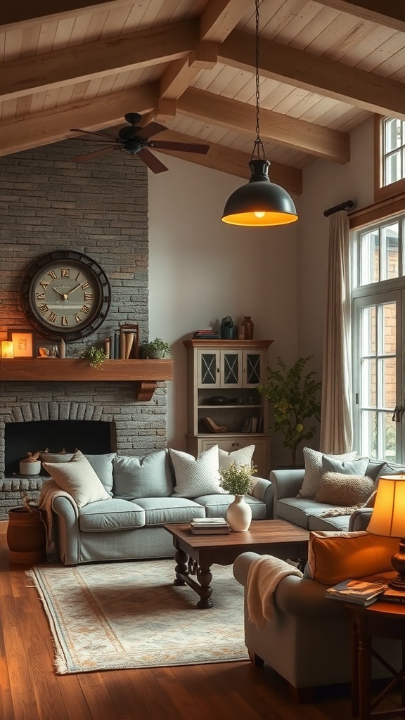Cozy farmhouse living room with soft lighting fixtures