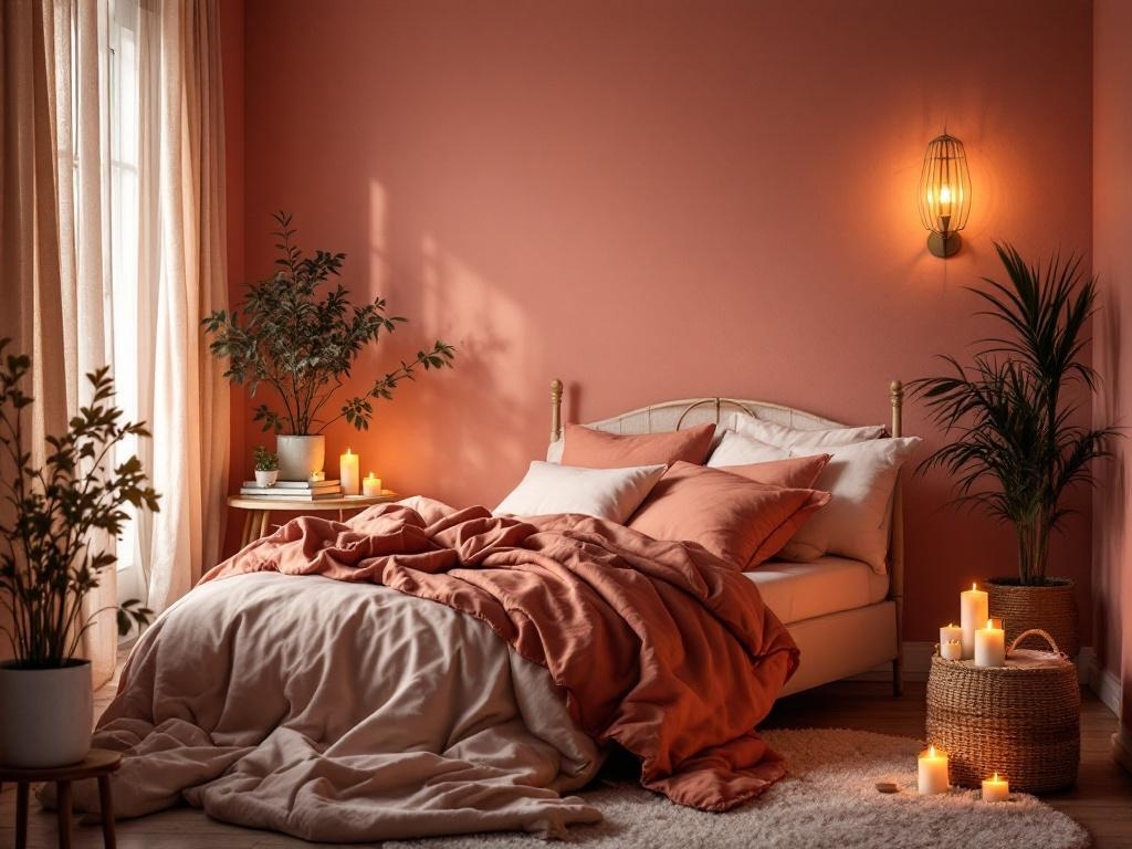 A cozy bedroom with earthy pink walls, soft bedding, and warm lighting fixtures.