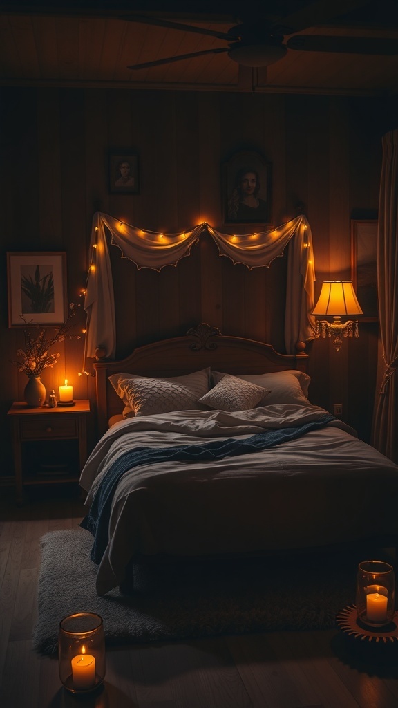 Cozy brown bedroom with soft lighting, fairy lights, and candles.